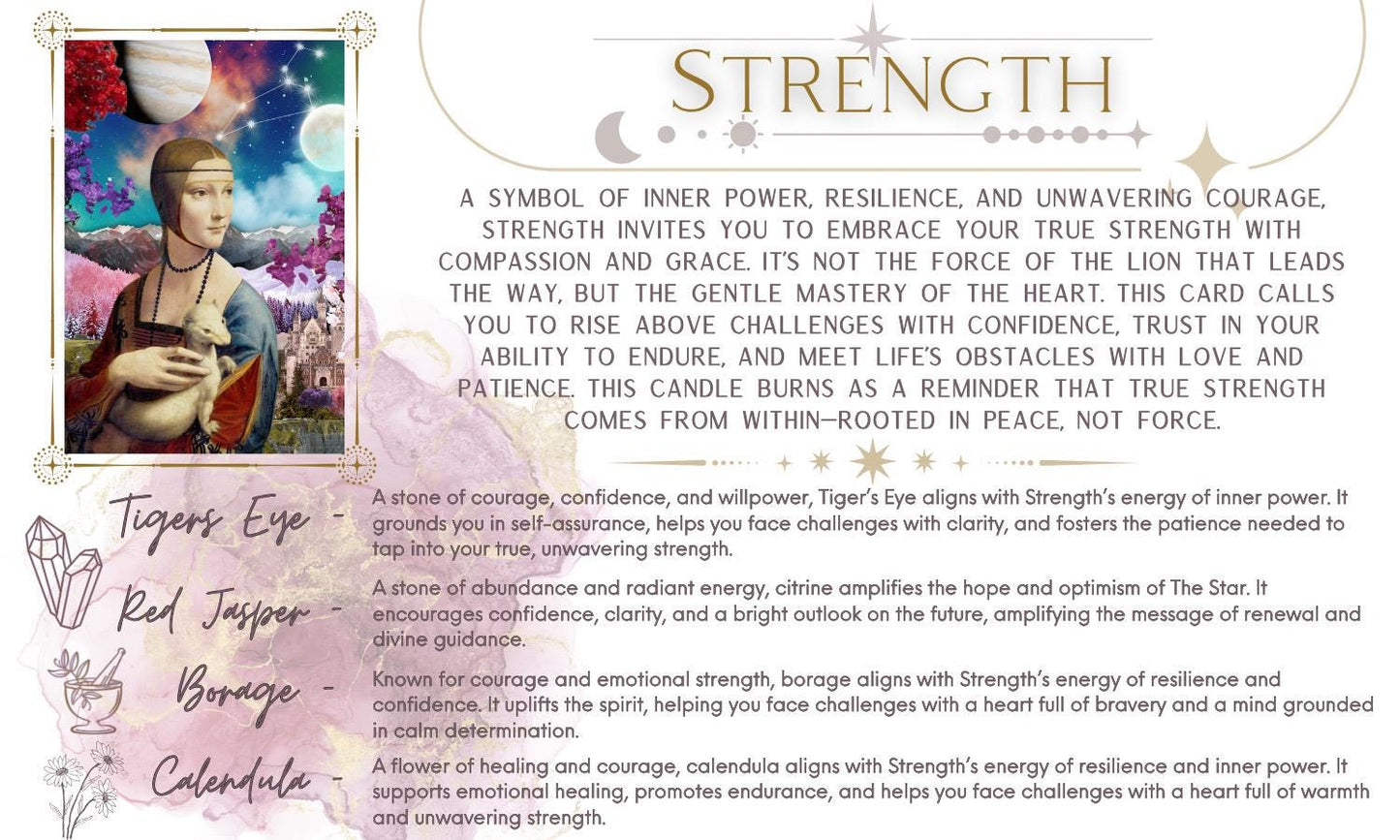 Strength Tarot Candle – Luxury Crystal Candle with Black Violet, Vetiver and Saffron – Empowering Gift for Inner Power and Resilience