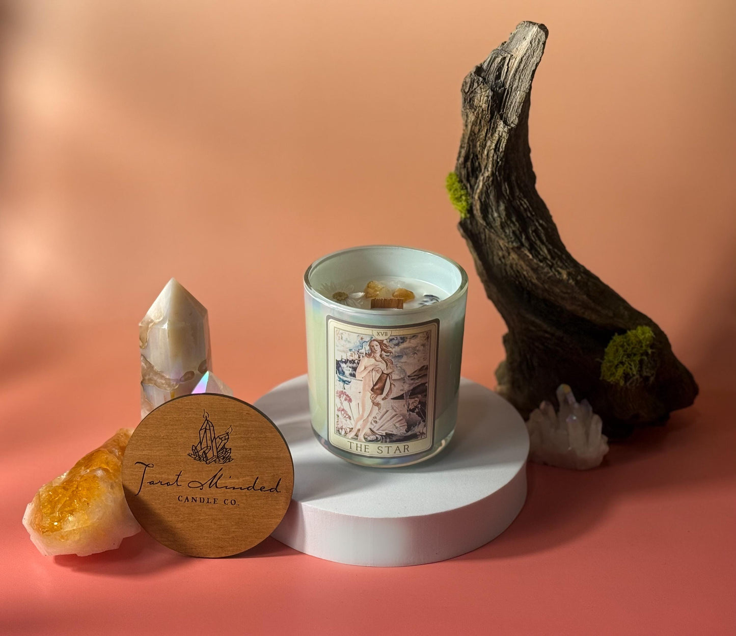 The Star Tarot Candle – Coconut Soy Wax, Crackling Wooden Wick, Aquatic Amber Basil Scent | Positive meaning of the Major Arcana